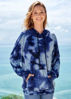 Tie Dye Print Kangaroo Pocket Drawstring Detail Hoodie