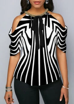 Striped Cold Shoulder Plus Size Blouse -Rosewe Promotion Store 274691 P 1632807107117