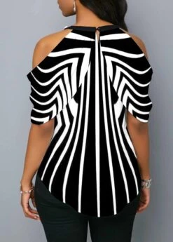 Striped Cold Shoulder Plus Size Blouse -Rosewe Promotion Store 274691 P 1632807108532