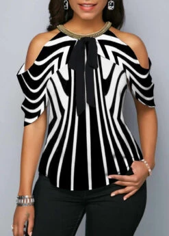 Striped Cold Shoulder Plus Size Blouse -Rosewe Promotion Store 274691 P 1632807110168