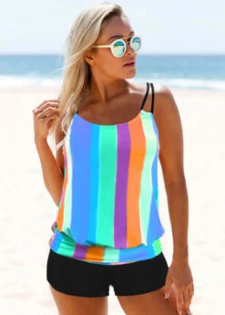 Rainbow Stripe Double Straps Tankini Set