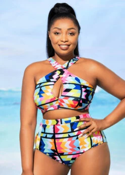High Waisted Geometric Print Plus Size Bikini Set