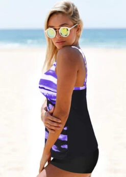 Criss Cross Back Purple Printed Tankini Set -Rosewe Promotion Store 274851 P 1621388991452