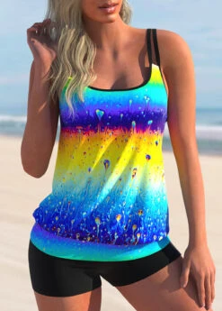 Rainbow Color Tie Dye Print Double Straps Tankini Set