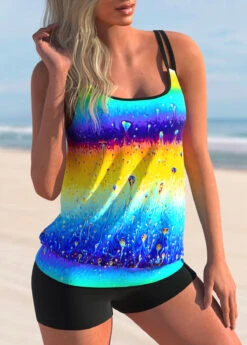 Rainbow Color Tie Dye Print Double Straps Tankini Set -Rosewe Promotion Store 274860 P 1627022691616