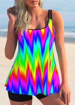 Rainbow Color Spaghetti Strap Printed Tankini Set