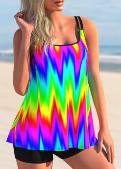 Rainbow Color Spaghetti Strap Printed Tankini Set -Rosewe Promotion Store 275457 P 1622009333157