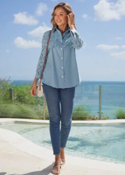 Lace Stitching Turndown Collar Faux Denim Blouse -Rosewe Promotion Store 275973 P 16282541371893