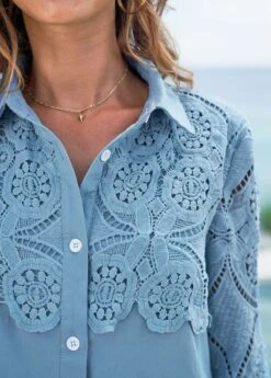 Lace Stitching Turndown Collar Faux Denim Blouse -Rosewe Promotion Store 275973 P 16282541375284