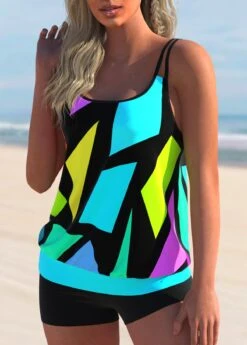Double Straps Colorful Geometric Print Tankini Set -Rosewe Promotion Store 276181 P 1622628803343