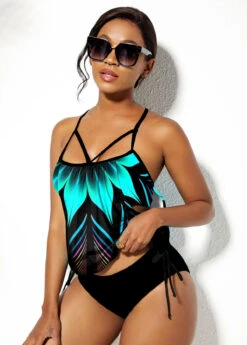 Floral Print Spaghetti Strap Drawstring Side Tankini Set -Rosewe Promotion Store 276576 P 1623231969720