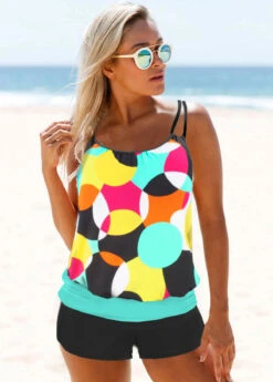 Spaghetti Strap Multi Color Geometric Print Tankini Set