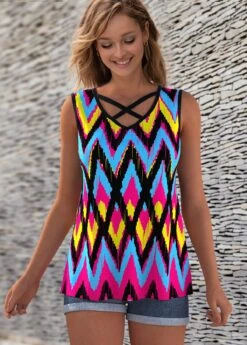 Colorful Cross Strap Geometric Print Tank Top