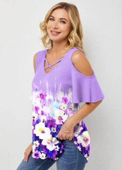 Cross Strap Floral Print Cold Shoulder T Shirt