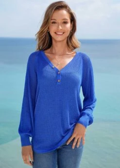 Solid Button Detail Long Sleeve Sweater