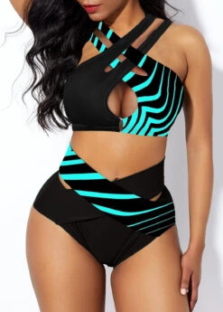 High Waist Striped Cross Strap Bikini Set