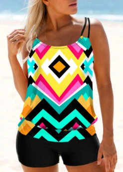 Wide Strap Geometric Print Multi Color Tankini Set