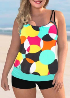 Double Straps Plus Size Geometric Print Tankini Set