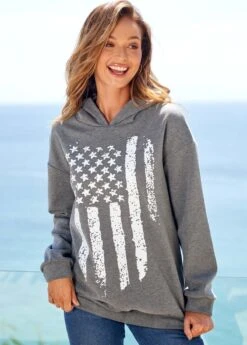 Grey American Flag Print Long Sleeve Hoodie