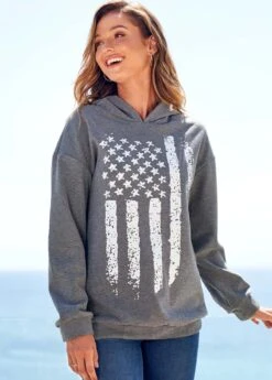 Grey American Flag Print Long Sleeve Hoodie -Rosewe Promotion Store 277216 P 16299472085582