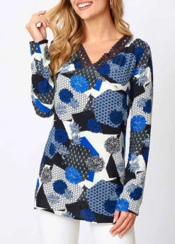 V Neck Floral Print Lace Panel Blouse 11 V Neck Floral Print Lace Panel Blouse -Rosewe Promotion Store 277465 P 16288236107124