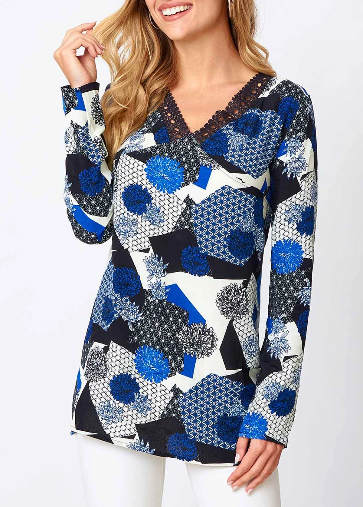 V Neck Floral Print Lace Panel Blouse 7 V Neck Floral Print Lace Panel Blouse - Image 5