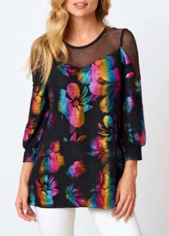 Fishnet Panel Round Neck Colorful Sweatshirt