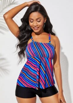 Smocked Rainbow Color Wide Strap Tankini Set