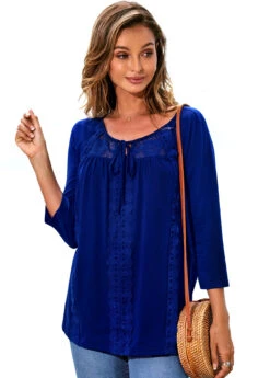 3/4 Sleeve Lace Stitching Tie Front T Shirt -Rosewe Promotion Store 277490 P 16285849711443