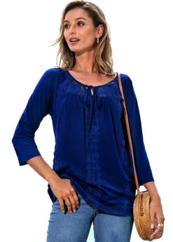 3/4 Sleeve Lace Stitching Tie Front T Shirt -Rosewe Promotion Store 277490 P 16285849716432