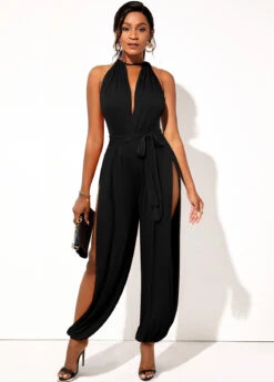 Side Slit Sleeveless Belted Solid Jumpsuit