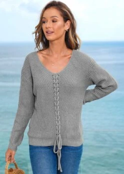 V Neck Long Sleeve Lace Up Sweater 10 V Neck Long Sleeve Lace Up Sweater -Rosewe Promotion Store 277753 P 16278969012463
