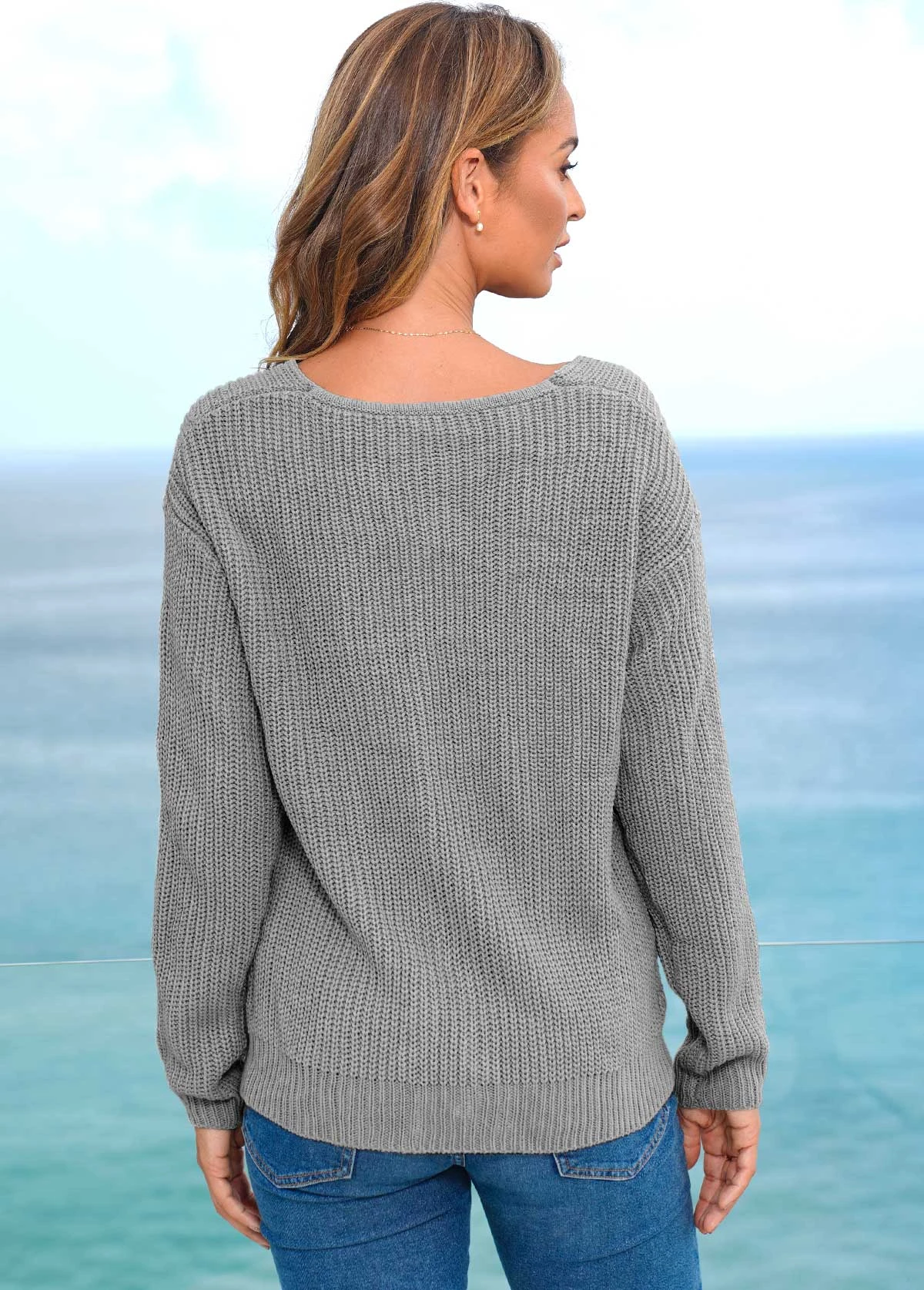 V Neck Long Sleeve Lace Up Sweater 4 V Neck Long Sleeve Lace Up Sweater - Image 2