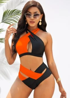 High Waisted Orange Color Block Bikini Set -Rosewe Promotion Store 277800 P 16243252540652