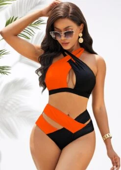 High Waisted Orange Color Block Bikini Set