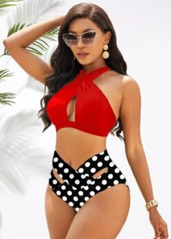 High Waist Cross Halter Polka Dot Bikini Set -Rosewe Promotion Store 277801 P 1624348435641