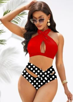 High Waist Cross Halter Polka Dot Bikini Set