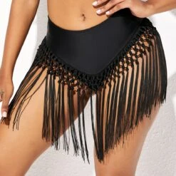 Solid Tassel Detail Mid Waist Bikini Bottom -Rosewe Promotion Store 277811 P 16258253217203