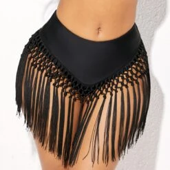 Solid Tassel Detail Mid Waist Bikini Bottom