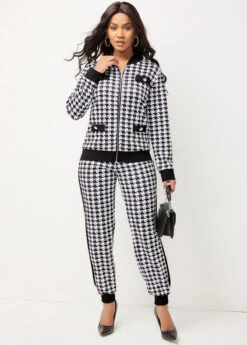 Houndstooth Print Black Long Sleeve Sweatsuit Set 9 Houndstooth Print Black Long Sleeve Sweatsuit Set -Rosewe Promotion Store 277824 P 16270011333093