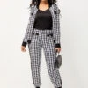 Houndstooth Print Black Long Sleeve Sweatsuit Set