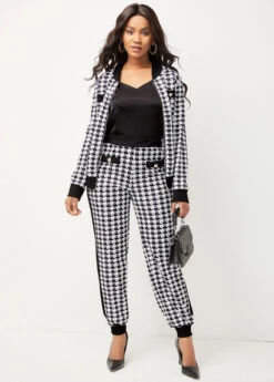 Houndstooth Print Black Long Sleeve Sweatsuit Set