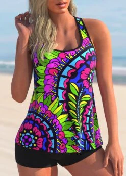 Wide Strap Cross Strap Paisley Print Tankini Set