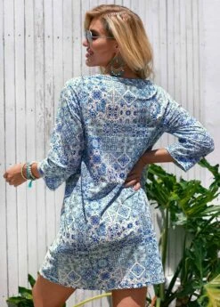 Round Neck 3/4 Sleeve Printed Cover Up -Rosewe Promotion Store 277880 P 16269313103831