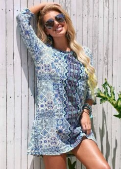 Round Neck 3/4 Sleeve Printed Cover Up -Rosewe Promotion Store 277880 P 16269313107672