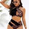 Cross Strap Contrast Leopard High Waisted Bikini Set