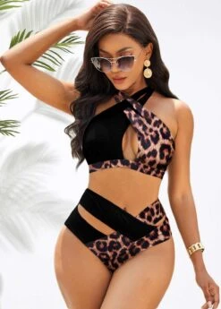 Cross Strap Contrast Leopard High Waisted Bikini Set