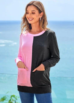 Contrast Round Neck Pocket Long Sleeve Sweatshirt -Rosewe Promotion Store 277975 P 16291144451583