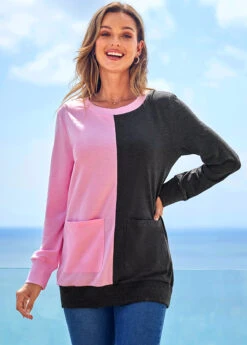 Contrast Round Neck Pocket Long Sleeve Sweatshirt