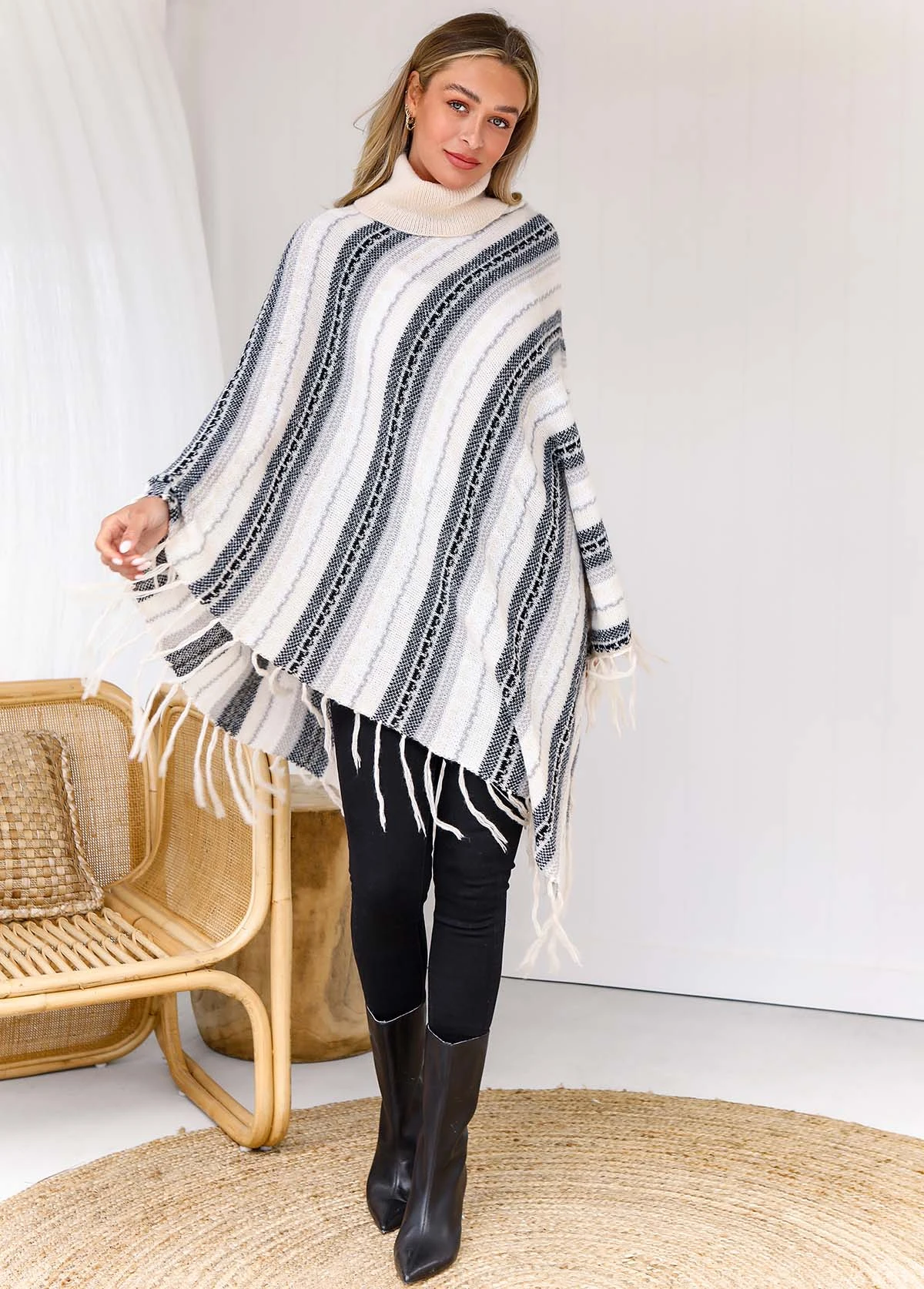Stripe Print Tassel Long Sleeve Turtleneck Sweater 5 Stripe Print Tassel Long Sleeve Turtleneck Sweater - Image 3